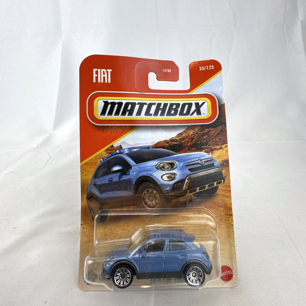Matchbox 1:64 scale 2016 Fiat 500X diecast model car in metallic blue sealed on blister card