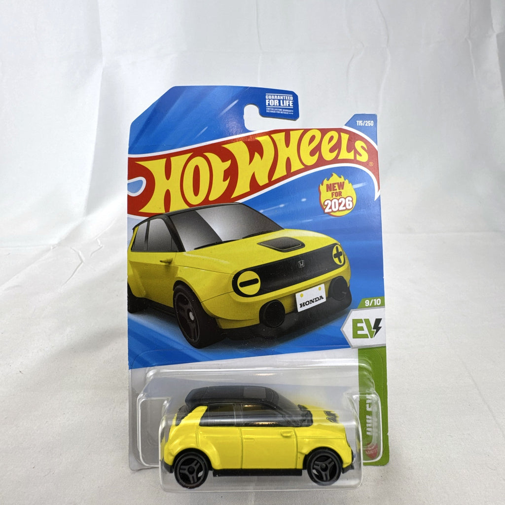Hot Wheels Custom 2020 Honda e HW EV series diecast car in bright yellow, factory sealed on original cardback