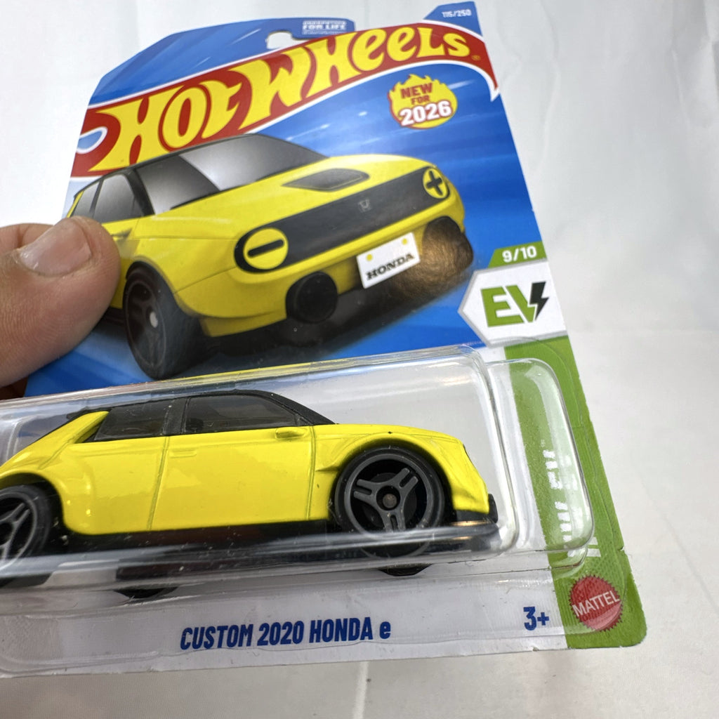 Hot Wheels Custom 2020 Honda e HW EV series diecast car in bright yellow, factory sealed on original cardback