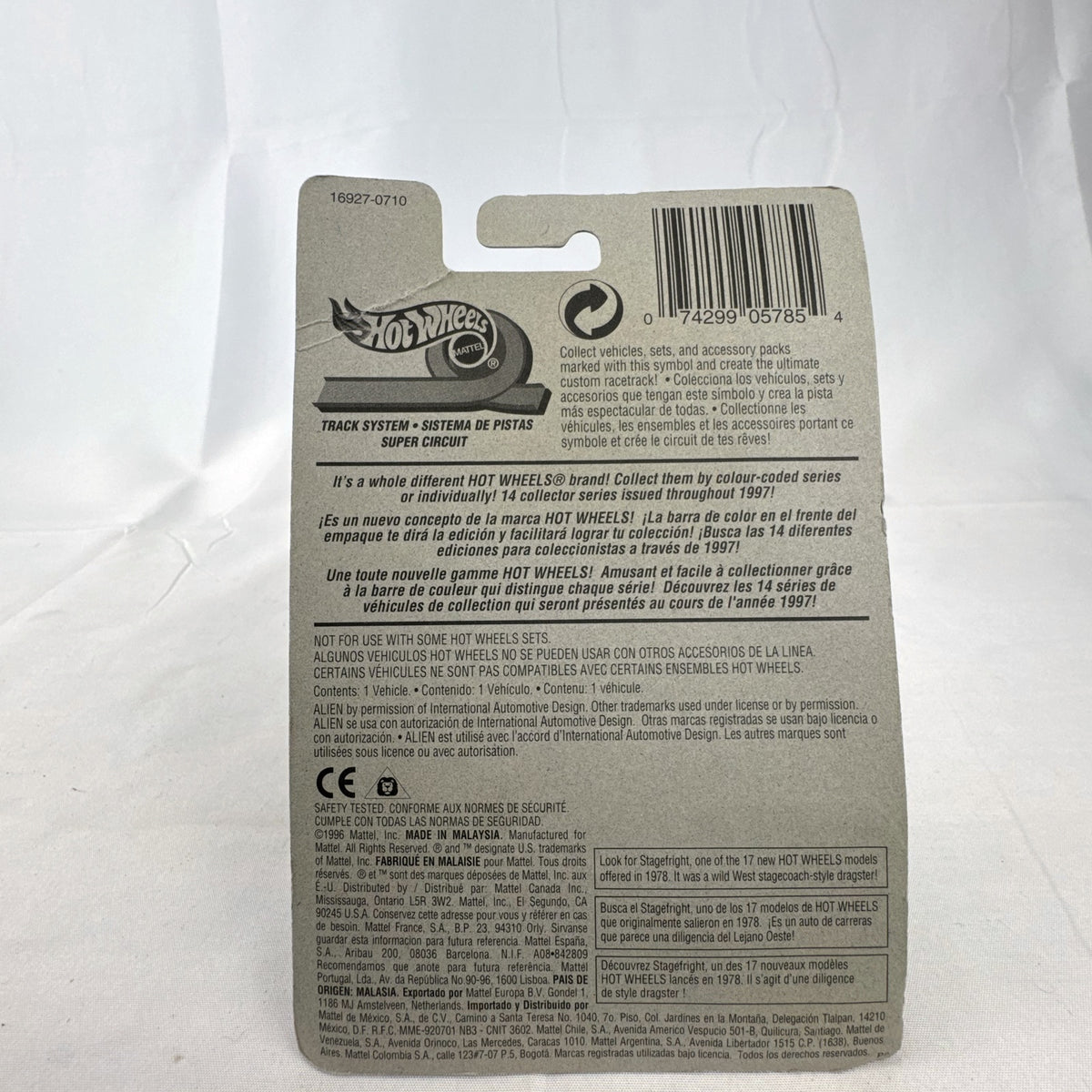 1997 Hot Wheels Alien diecast car in white and blue sealed on Secret Service Series card.