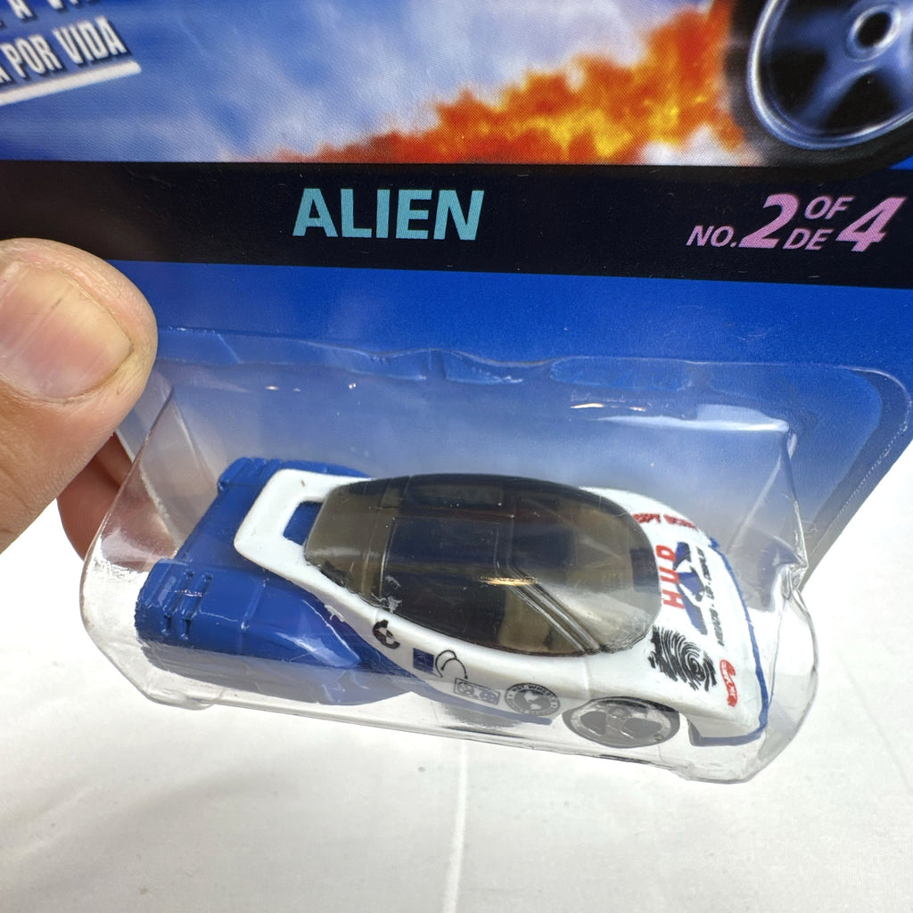 1997 Hot Wheels Alien diecast car in white and blue sealed on Secret Service Series card.