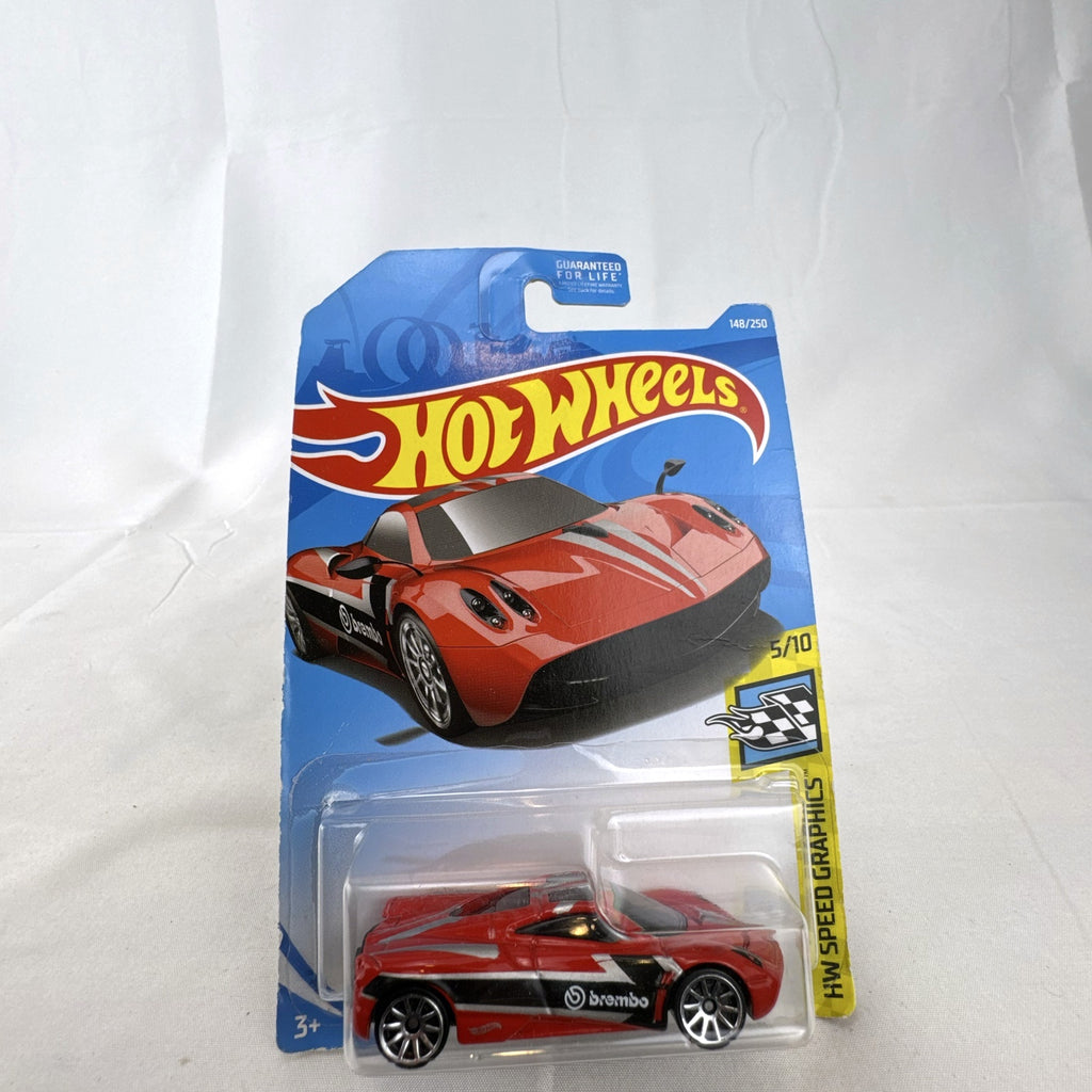 Sealed Hot Wheels Pagani Huayra in red with Brembo racing graphics in original blister pack