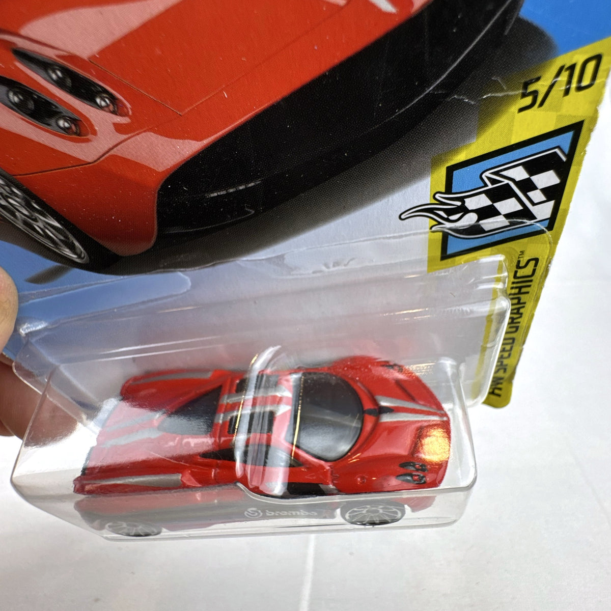 Sealed Hot Wheels Pagani Huayra in red with Brembo racing graphics in original blister pack
