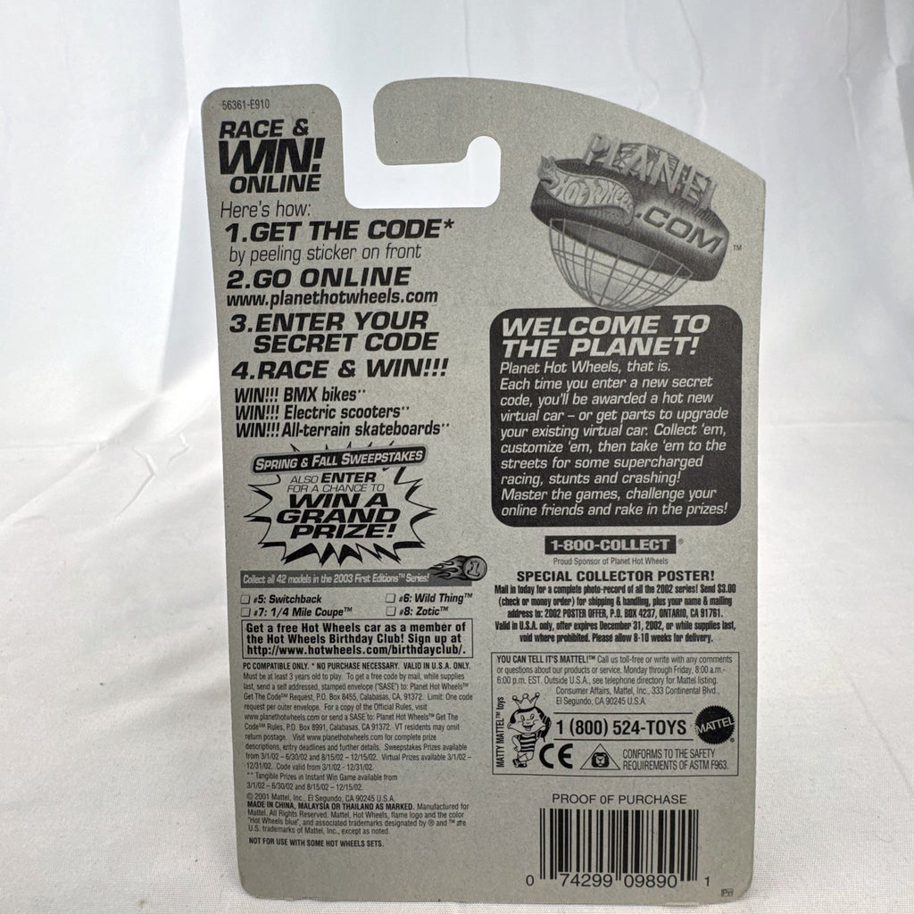 2003 Hot Wheels First Editions Zotic diecast concept car in metallic orange, factory sealed on blister card.