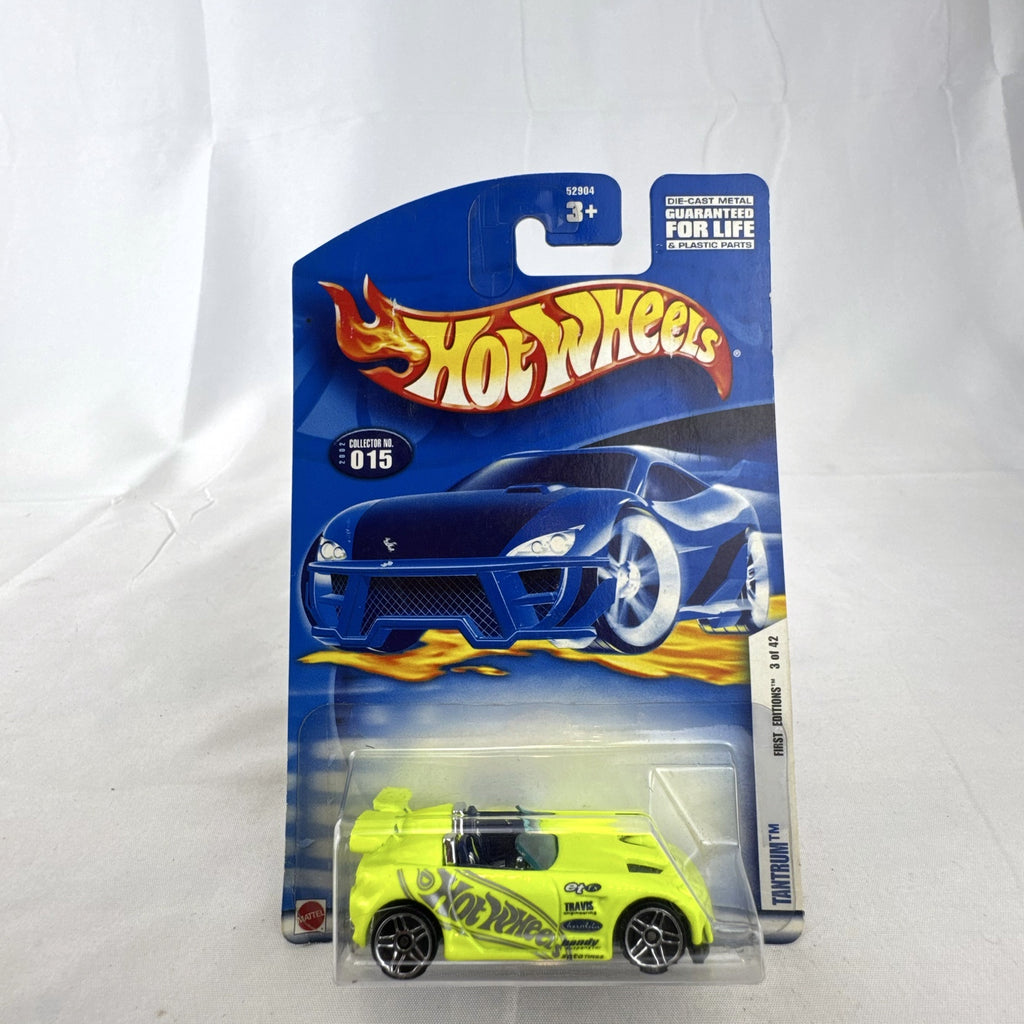 Hot Wheels 2002 First Editions Tantrum diecast tuner car in bright lime yellow on original unopened blister card.