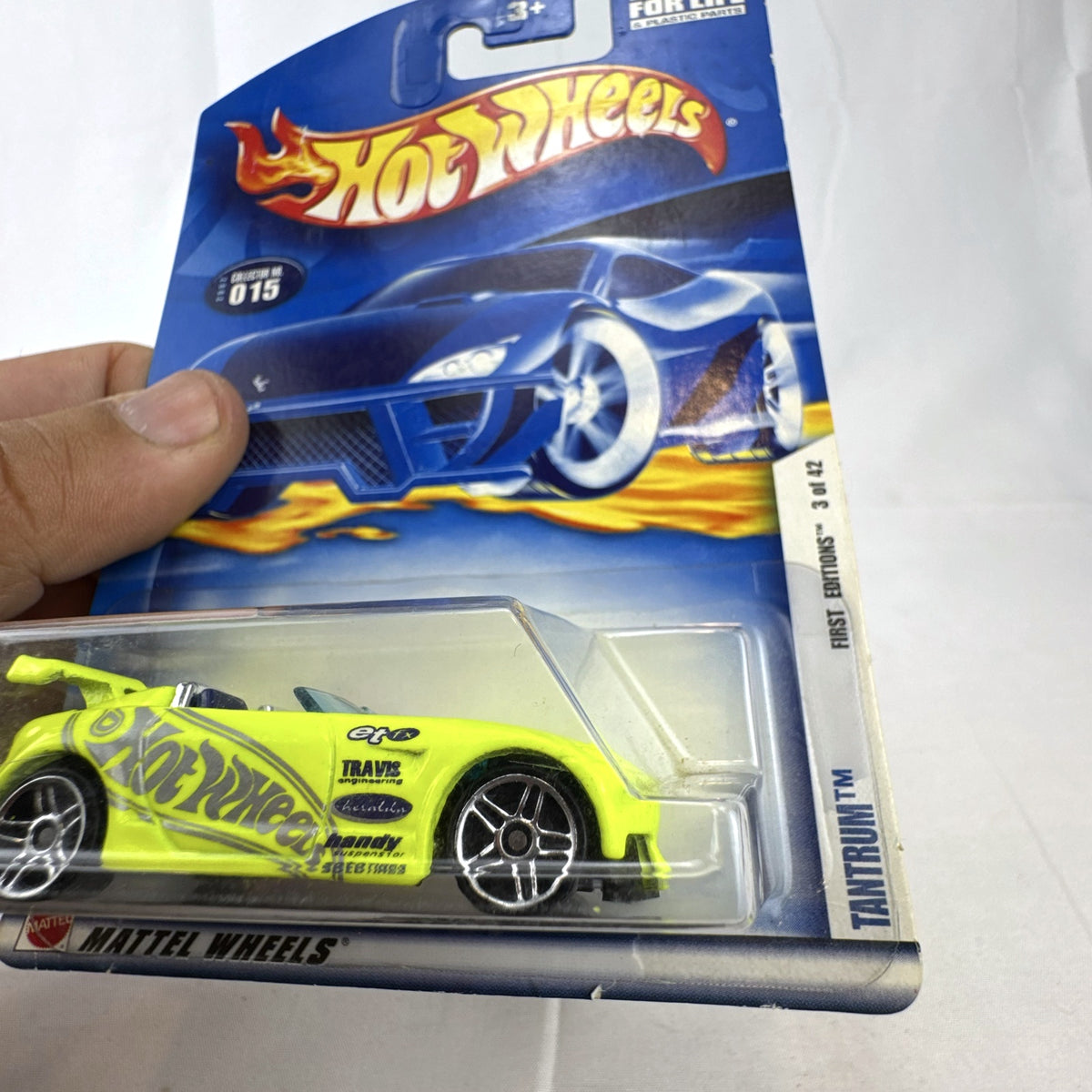Hot Wheels 2002 First Editions Tantrum diecast tuner car in bright lime yellow on original unopened blister card.