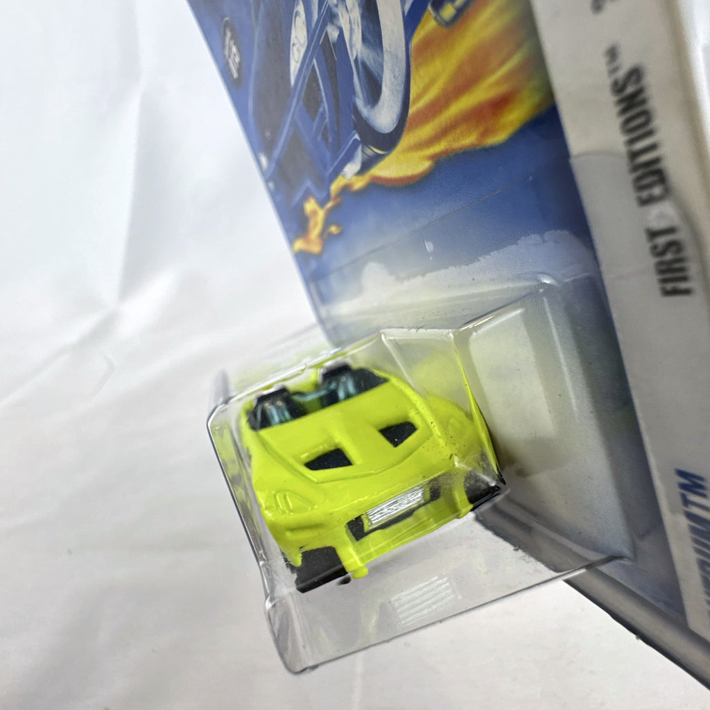 Hot Wheels 2002 First Editions Tantrum diecast tuner car in bright lime yellow on original unopened blister card.