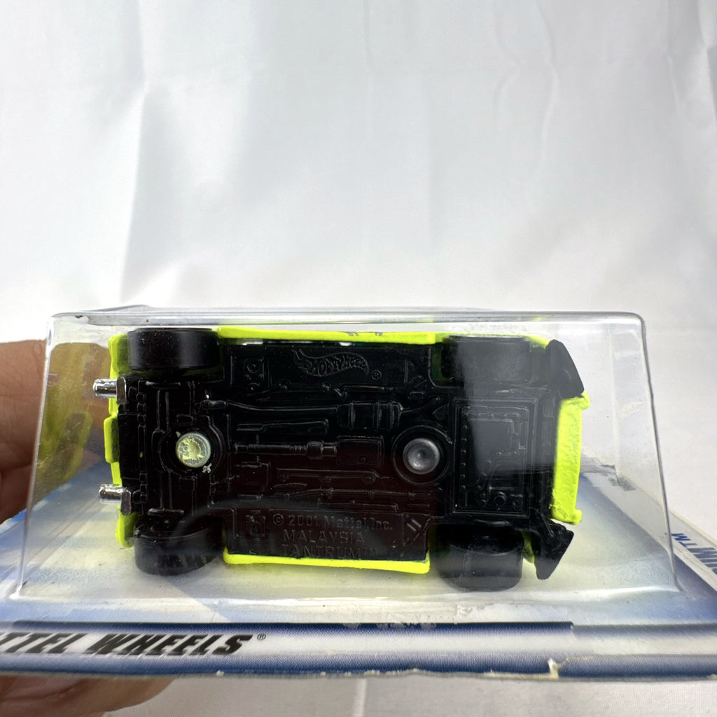 Hot Wheels 2002 First Editions Tantrum diecast tuner car in bright lime yellow on original unopened blister card.