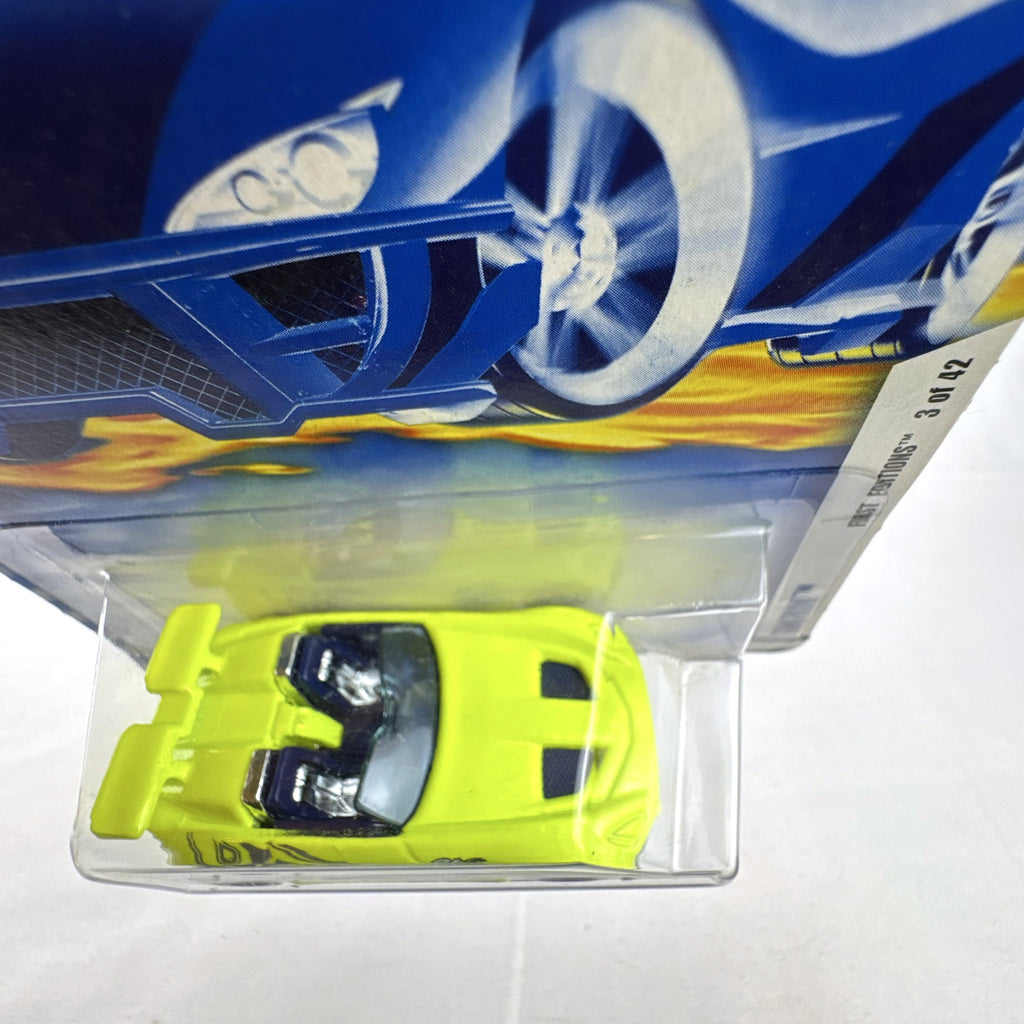 Hot Wheels 2002 First Editions Tantrum diecast tuner car in bright lime yellow on original unopened blister card.