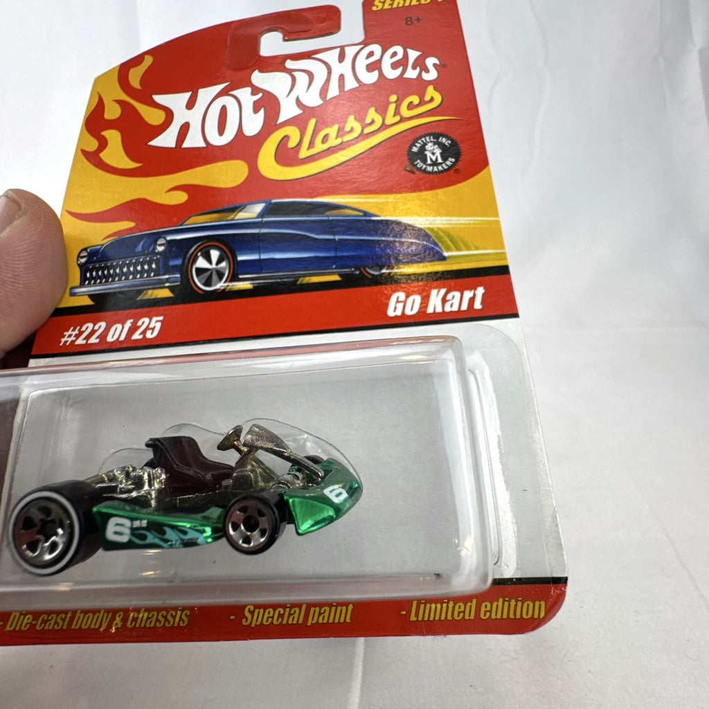 Hot Wheels Classics Series 1 Go Kart in Spectraflame Green sealed on original unpunched card packaging