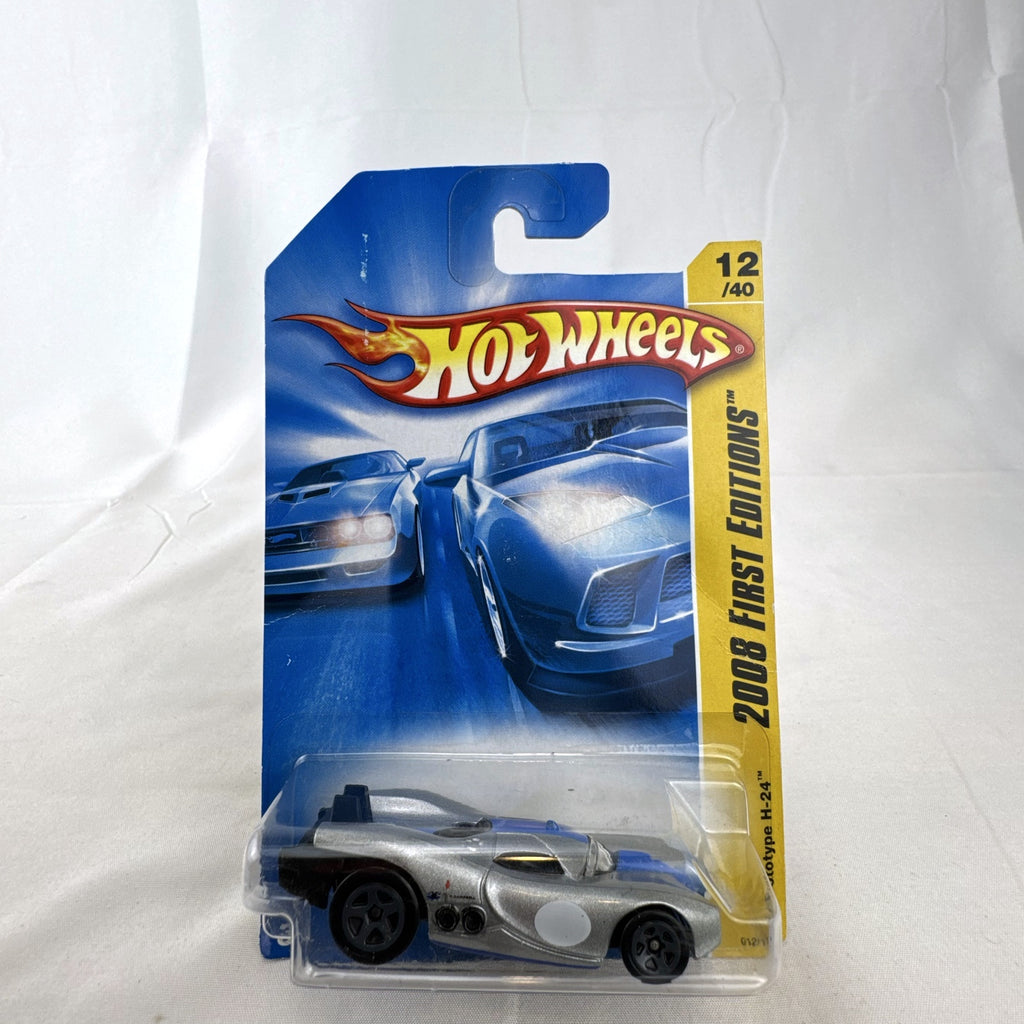 Sealed 2008 Hot Wheels First Editions Prototype H-24 diecast car in silver with blue racing stripes 1:64 scale