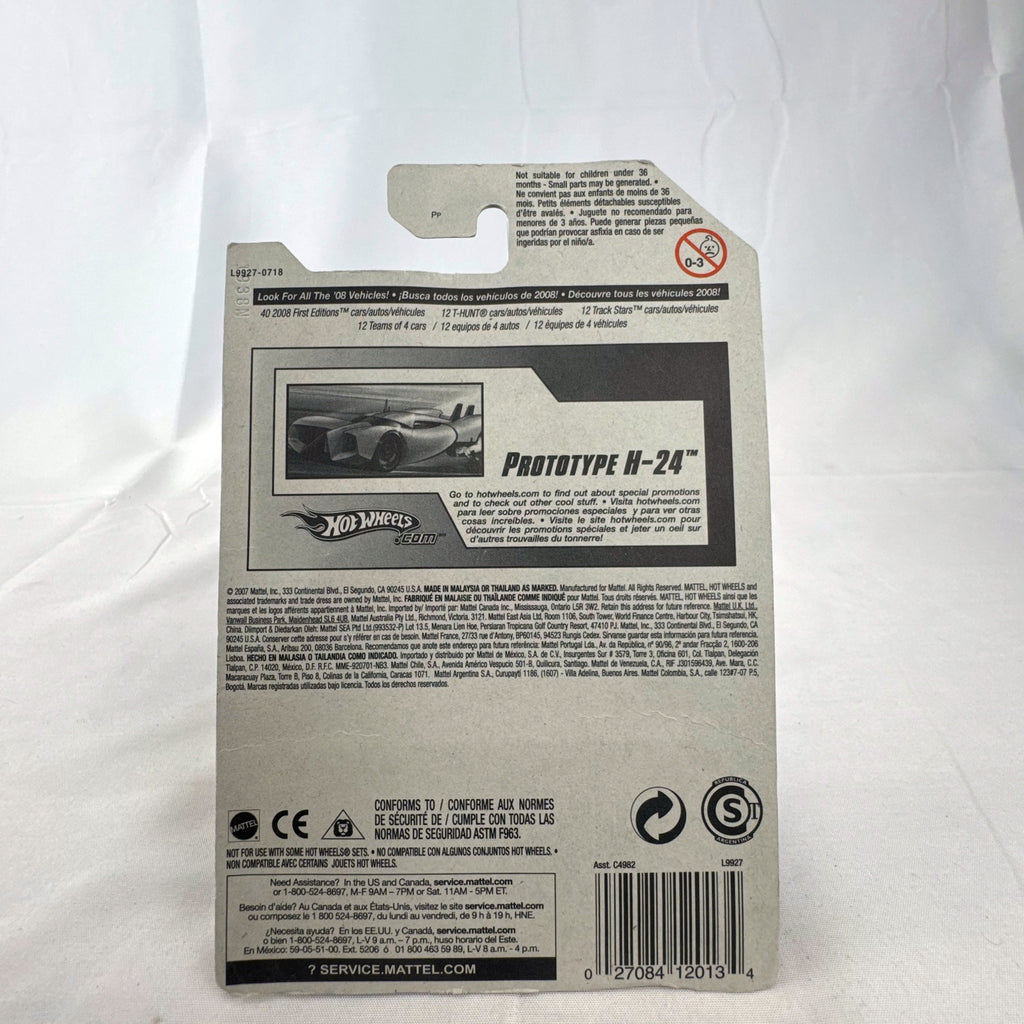 Sealed 2008 Hot Wheels First Editions Prototype H-24 diecast car in silver with blue racing stripes 1:64 scale