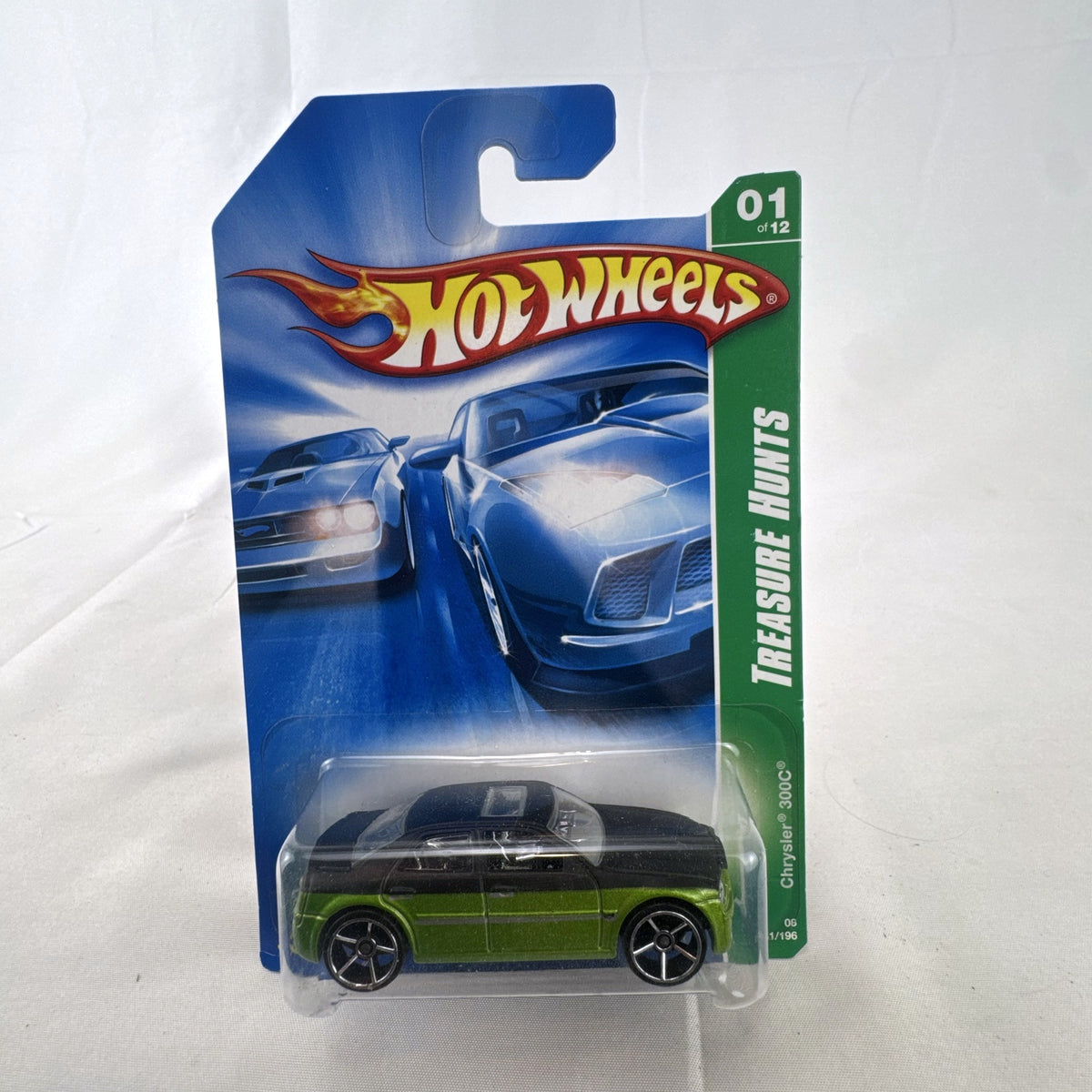 Hot Wheels 1:64 scale 2005 Chrysler 300C Treasure Hunt diecast car in metallic green, new in original blister pack.