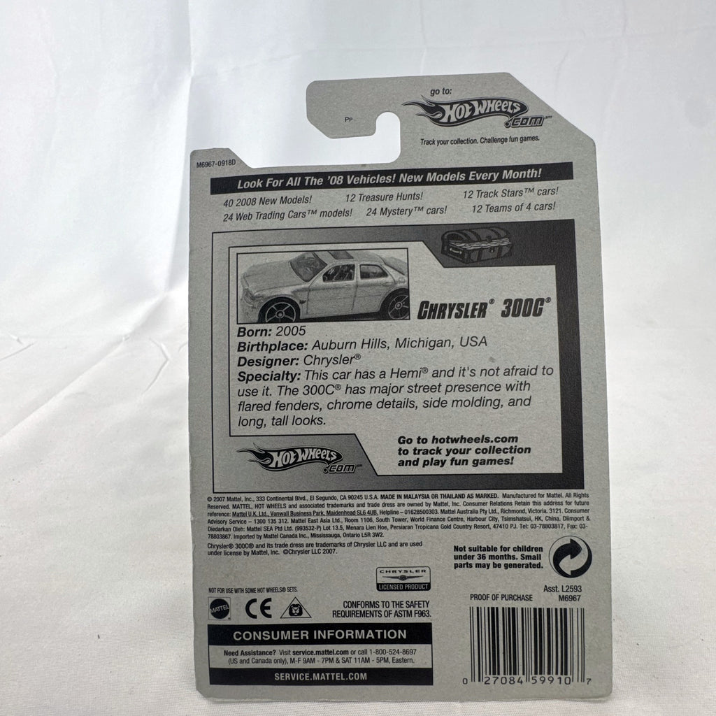 Hot Wheels 1:64 scale 2005 Chrysler 300C Treasure Hunt diecast car in metallic green, new in original blister pack.