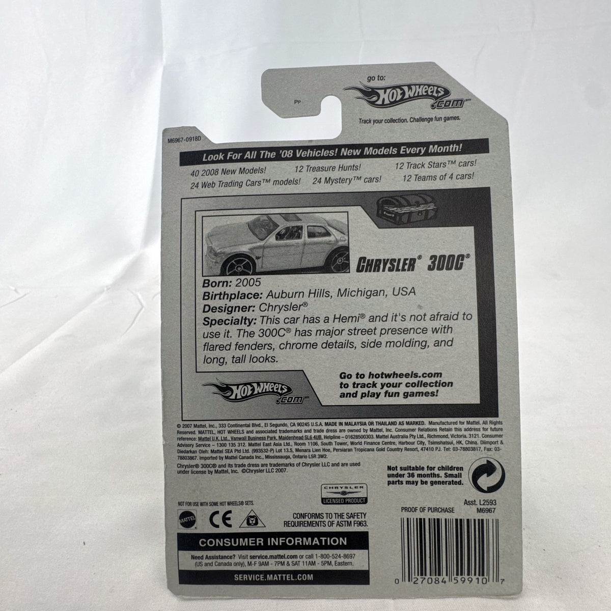 Hot Wheels 1:64 scale 2005 Chrysler 300C Treasure Hunt diecast car in metallic green, new in original blister pack.