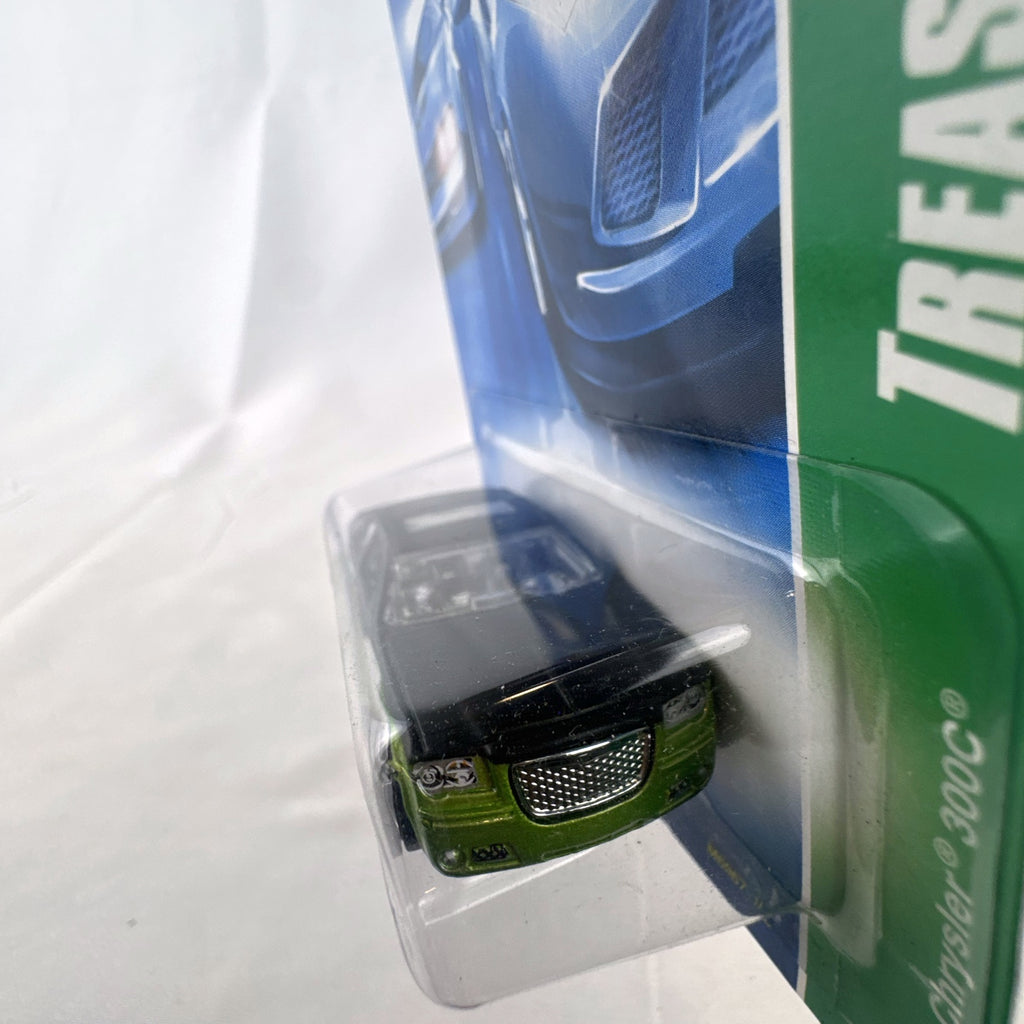 Hot Wheels 1:64 scale 2005 Chrysler 300C Treasure Hunt diecast car in metallic green, new in original blister pack.