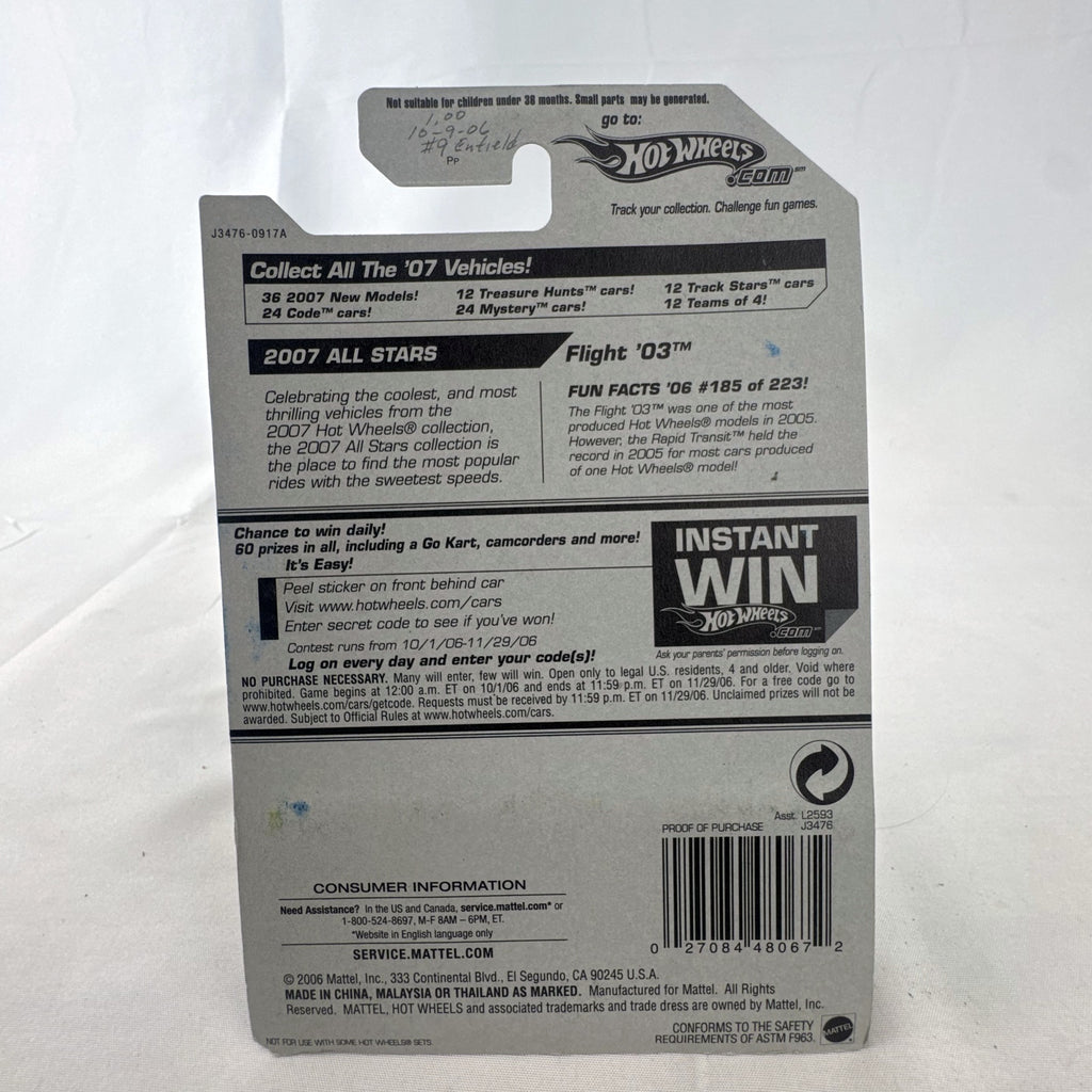 Hot Wheels 2007 All Stars Flight '03 diecast car in metallic gold, packaged on original card