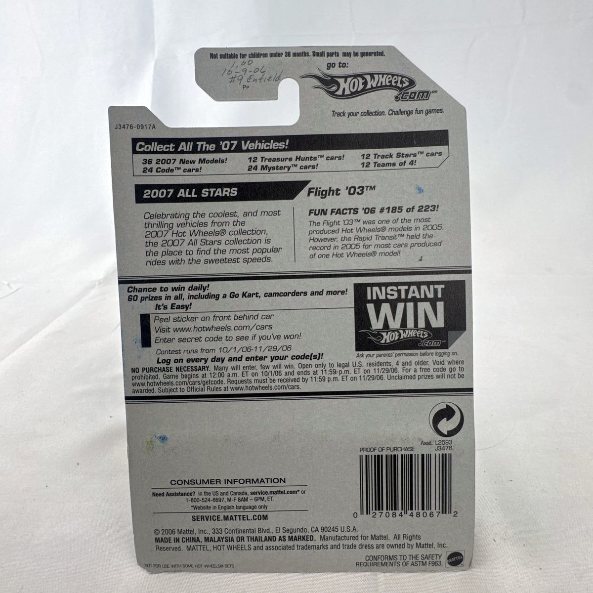 Hot Wheels 2007 All Stars Flight '03 diecast car in metallic gold, packaged on original card