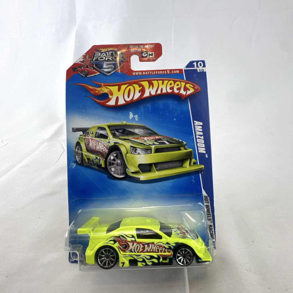 Hot Wheels Amazoom 1:64 scale diecast race car in chartreuse green with flame graphics on original blister card