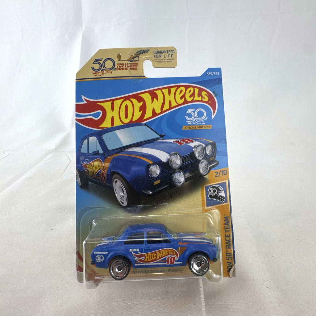 Hot Wheels 1:64 scale 1970 Ford Escort RS1600 blue diecast car in original 50th Anniversary packaging