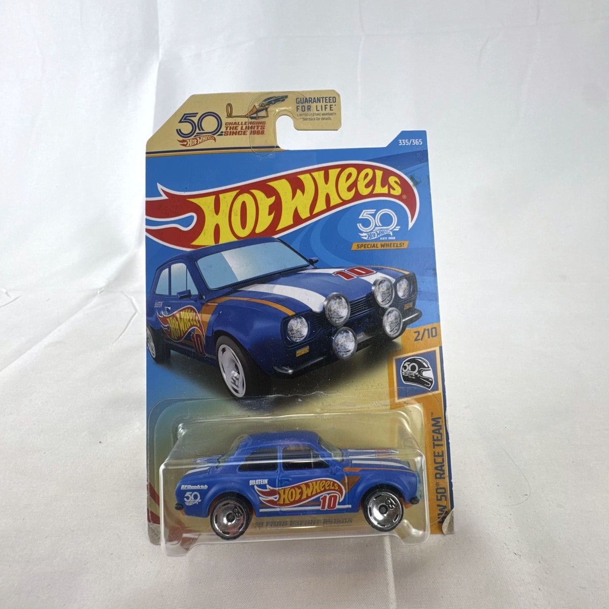 Hot Wheels 1970 Ford Escort RS1600 diecast rally car in blue 50th Race Team packaging