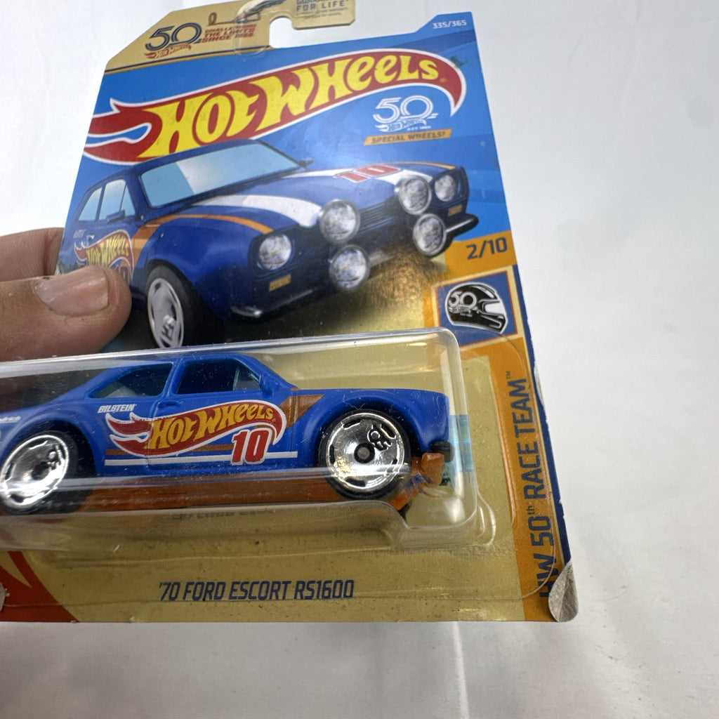 Hot Wheels 1:64 scale 1970 Ford Escort RS1600 blue diecast car in original 50th Anniversary packaging