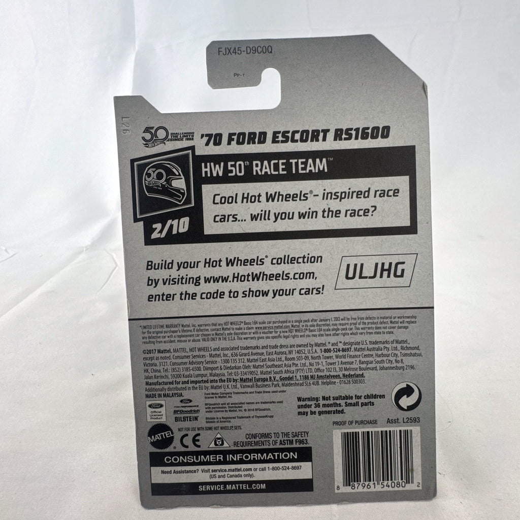 Hot Wheels 1:64 scale 1970 Ford Escort RS1600 blue diecast car in original 50th Anniversary packaging