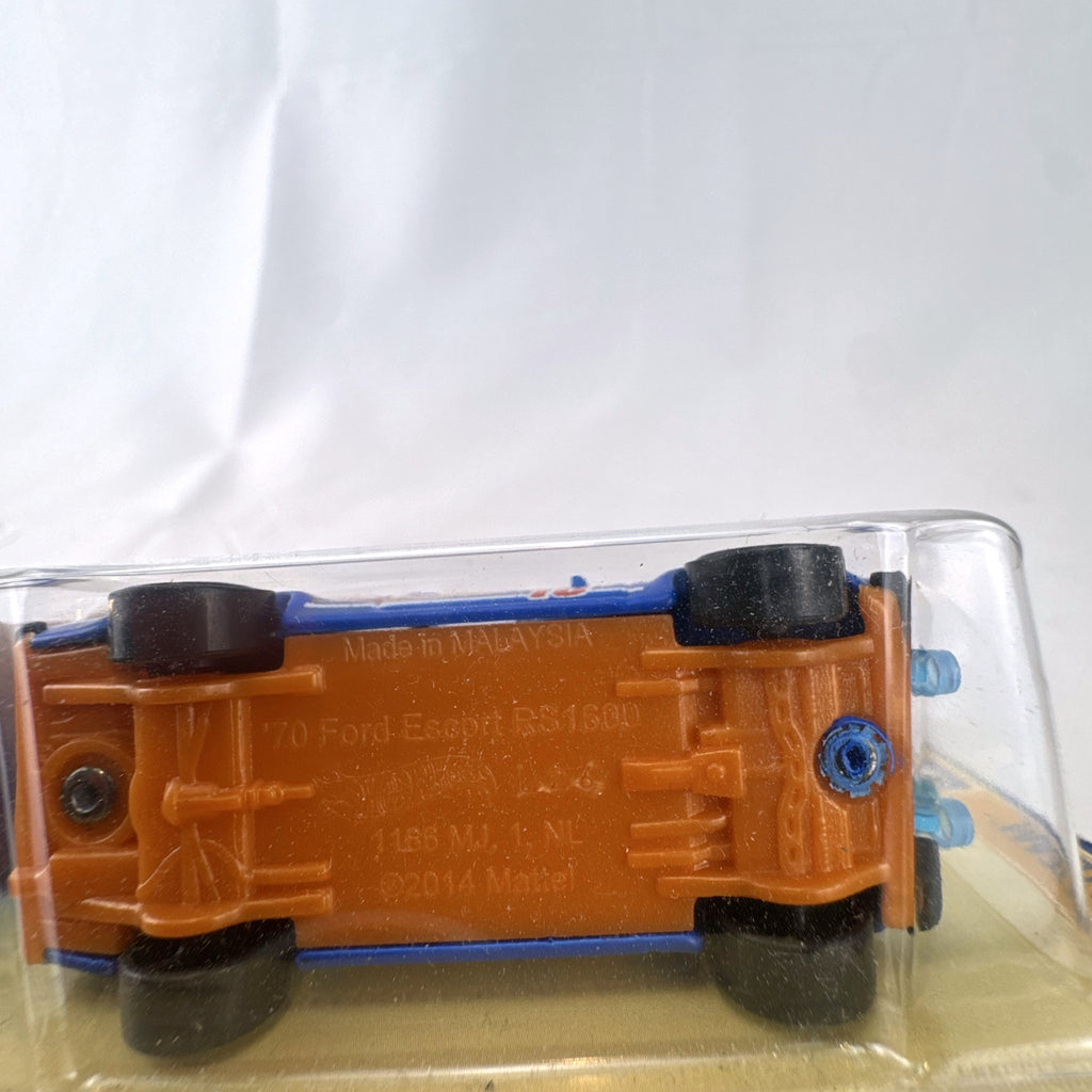 Hot Wheels 1:64 scale 1970 Ford Escort RS1600 blue diecast car in original 50th Anniversary packaging