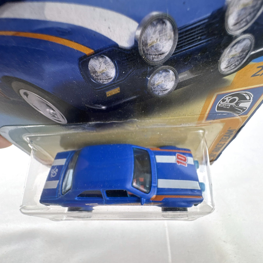 Hot Wheels 1:64 scale 1970 Ford Escort RS1600 blue diecast car in original 50th Anniversary packaging