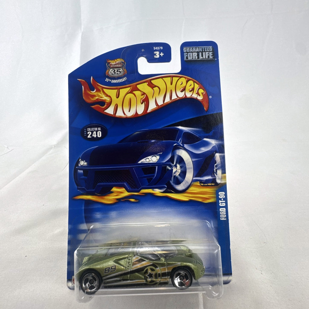 Hot Wheels 2002 Ford GT-90 concept diecast car in metallic green sealed on original 35th Anniversary card.