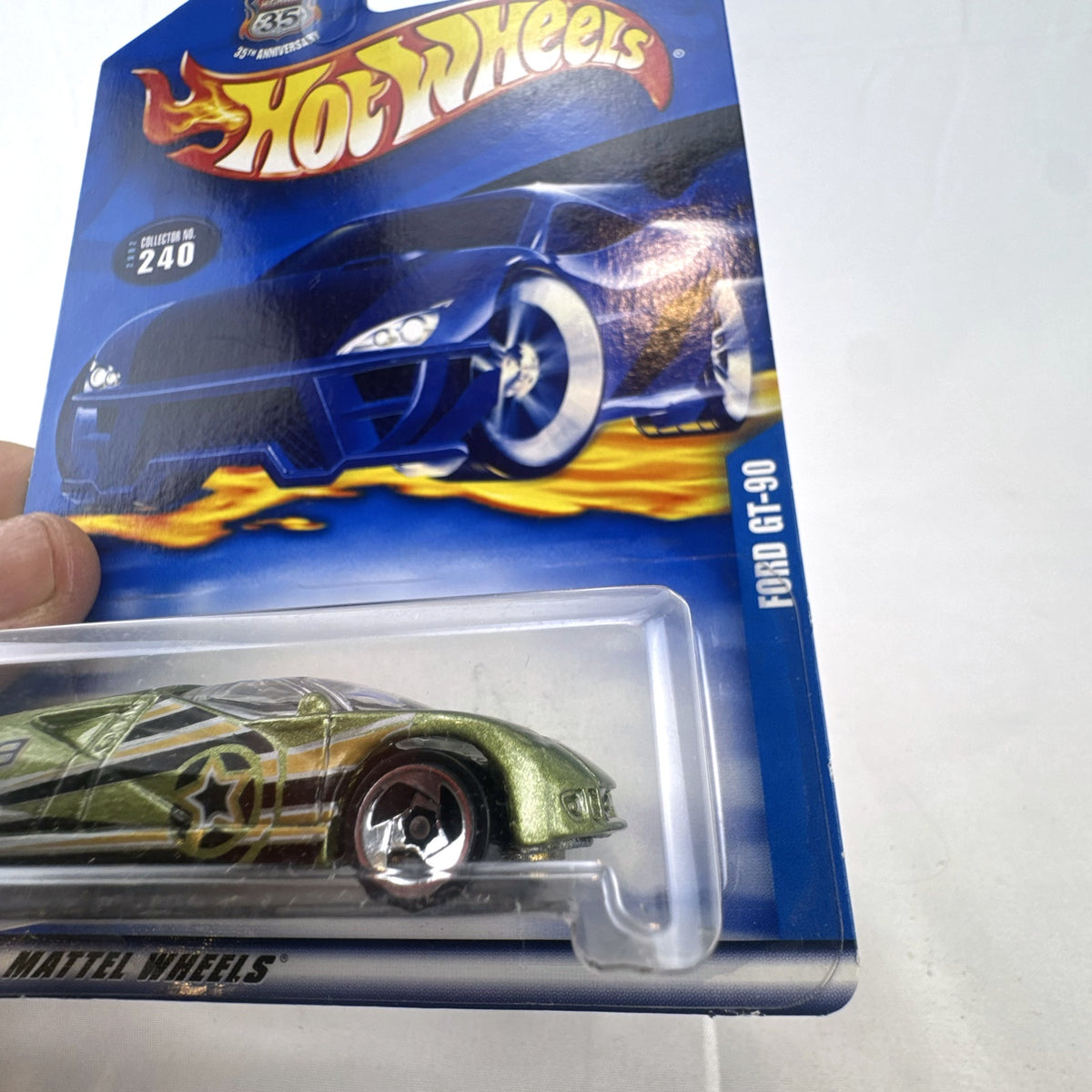 Hot Wheels 2002 Ford GT-90 concept diecast car in metallic green sealed on original 35th Anniversary card.