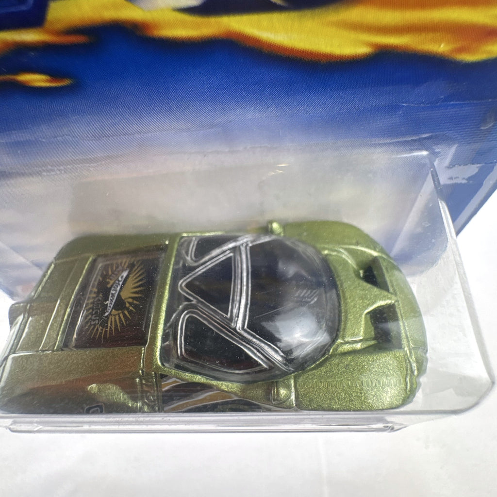 Hot Wheels 2002 Ford GT-90 concept diecast car in metallic green sealed on original 35th Anniversary card.