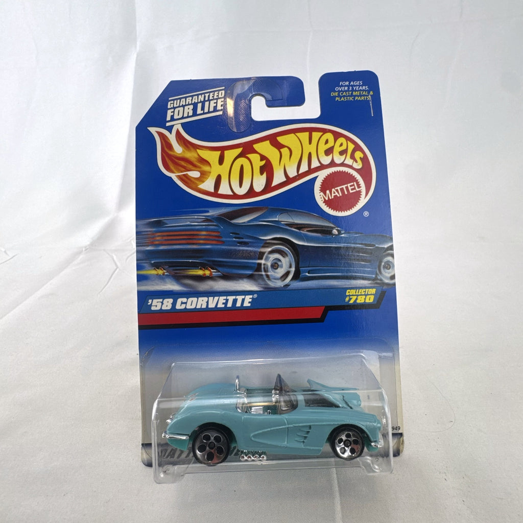 Hot Wheels 1958 Chevrolet Corvette 1:64 scale diecast car in light blue on sealed blue card packaging