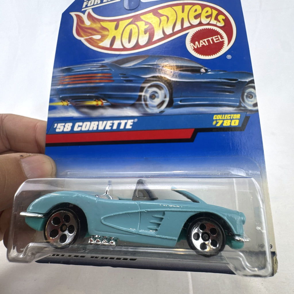 Hot Wheels 1958 Chevrolet Corvette 1:64 scale diecast car in light blue on sealed blue card packaging