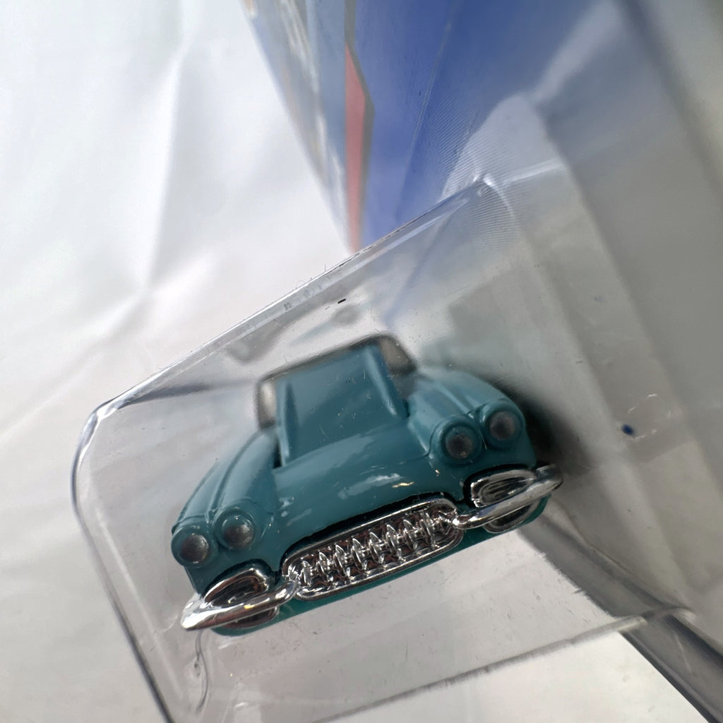 Hot Wheels 1958 Chevrolet Corvette 1:64 scale diecast car in light blue on sealed blue card packaging