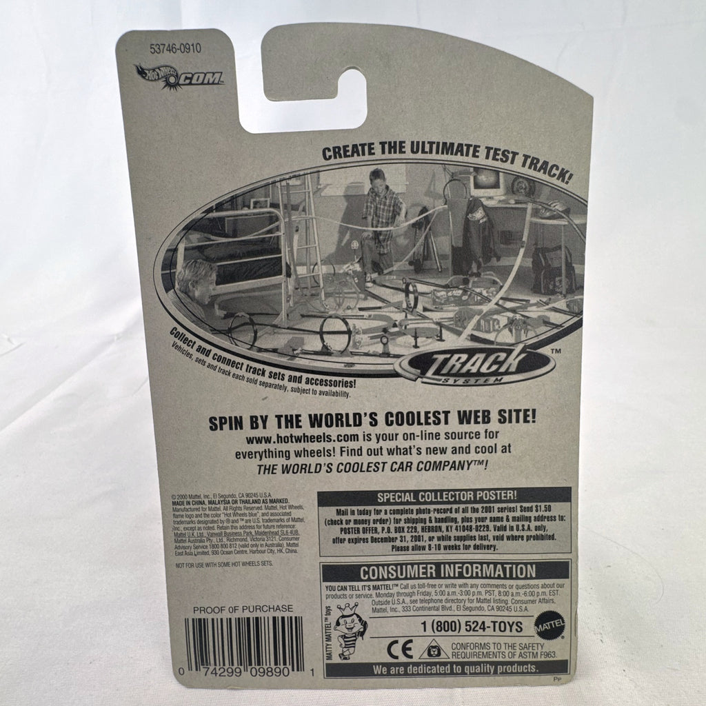 Hot Wheels 2001 Shadow Jet diecast car in chrome silver finish sealed in original card packaging.