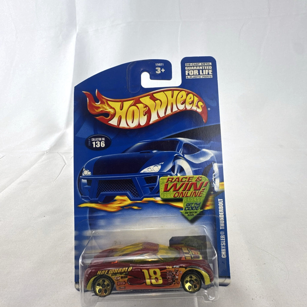 Sealed 2002 Hot Wheels Chrysler Thunderbolt Concept diecast car in dark red with #18 racing graphics on blister card