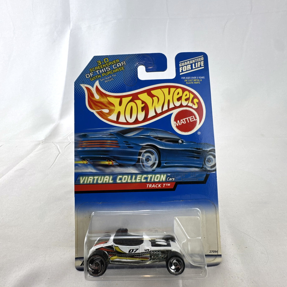 Hot Wheels Virtual Collection Track T diecast roadster in white, carded 1:64 scale