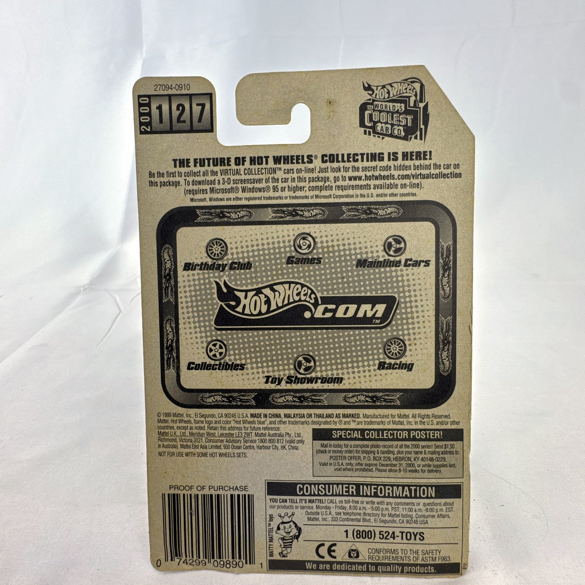 Hot Wheels Track T 1:64 scale diecast hot rod car in white sealed on 2000 Virtual Collection card