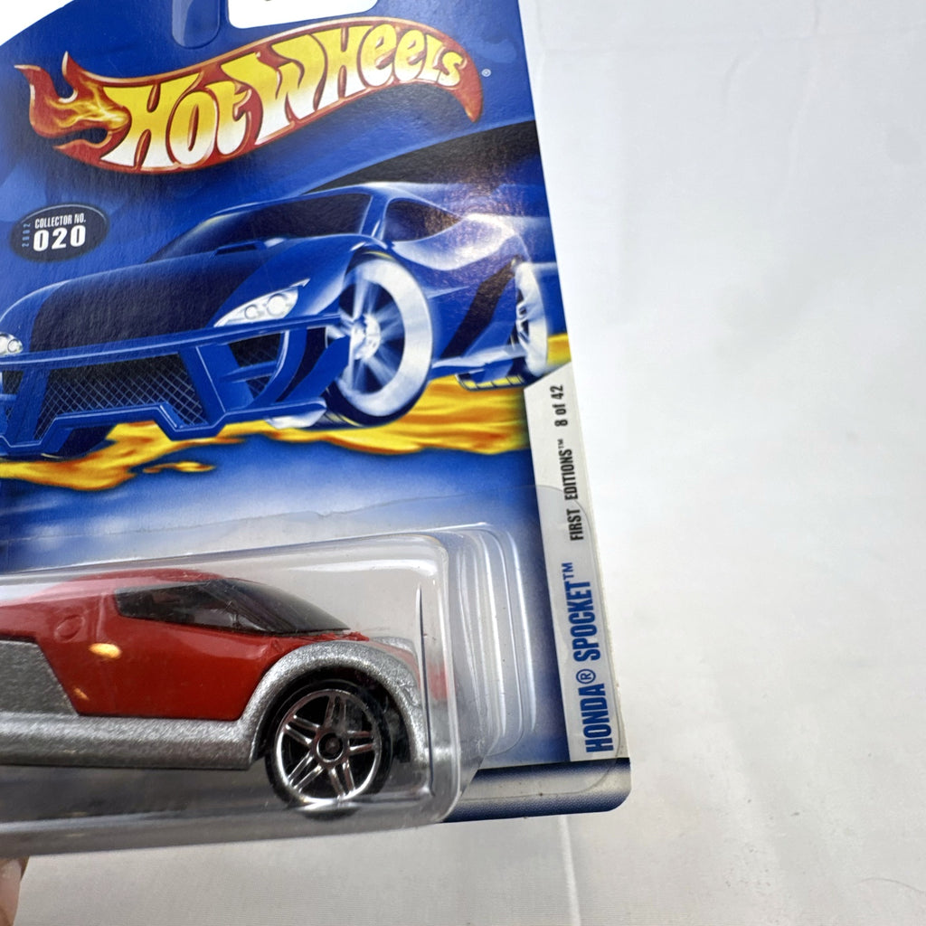 Sealed 2002 Hot Wheels First Editions 1:64 Honda Spocket concept diecast car in red and textured silver.