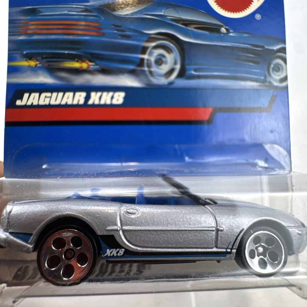 Hot Wheels 1:64 scale diecast Jaguar XK8 Convertible in metallic silver on original blister card