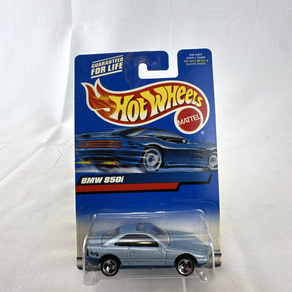 Hot Wheels BMW 850i diecast coupe in metallic light blue sealed on original blister card