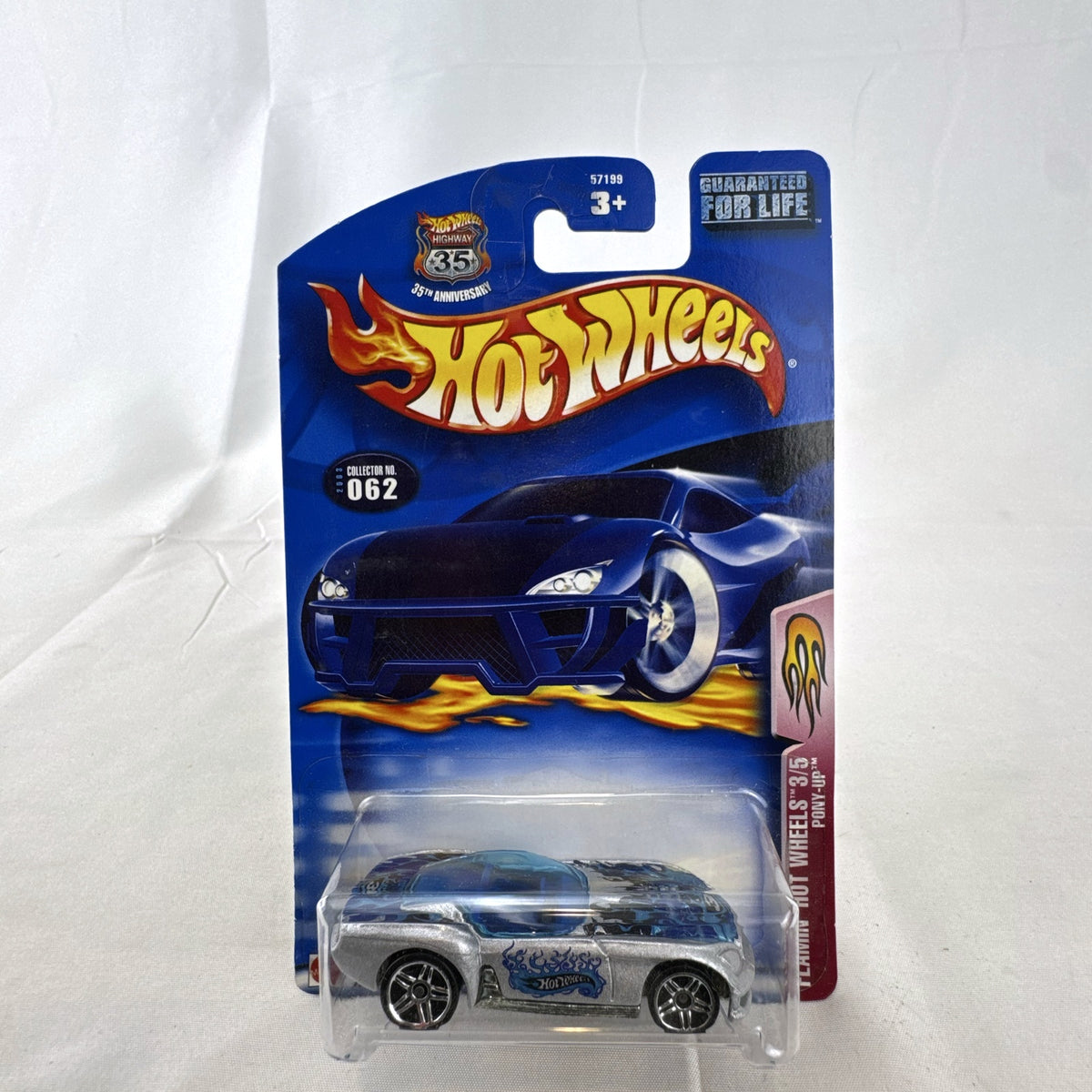 Hot Wheels 2003 Flamin' Hot Wheels Pony-Up 1:64 diecast car in silver with blue flames, factory sealed on blister card.
