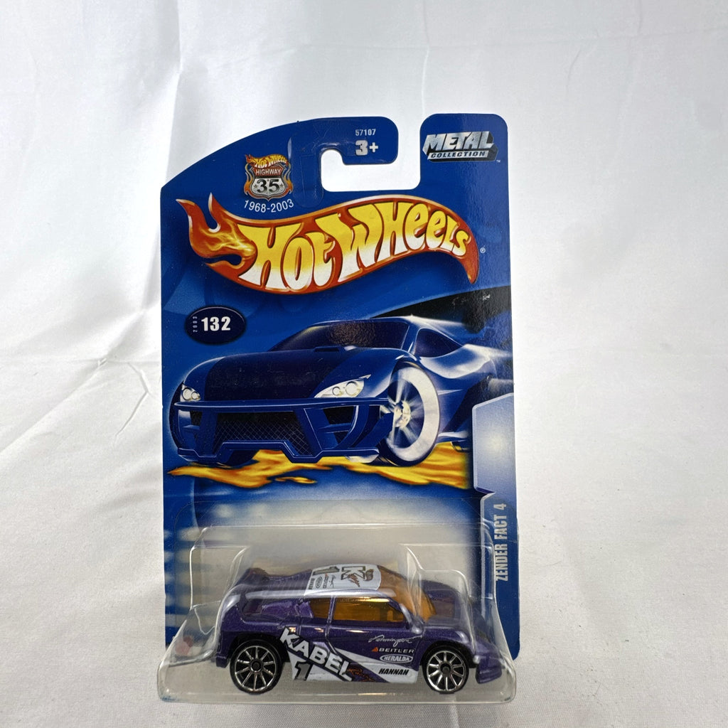 Hot Wheels 2003 35th Anniversary Zender Fact 4 concept car in metallic purple, sealed on original card.