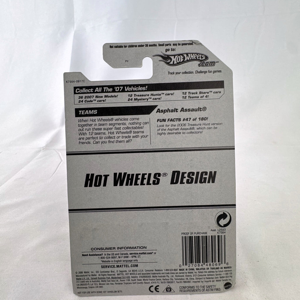 Hot Wheels Asphalt Assault 1:64 diecast car in metallic green sealed on original short card packaging.