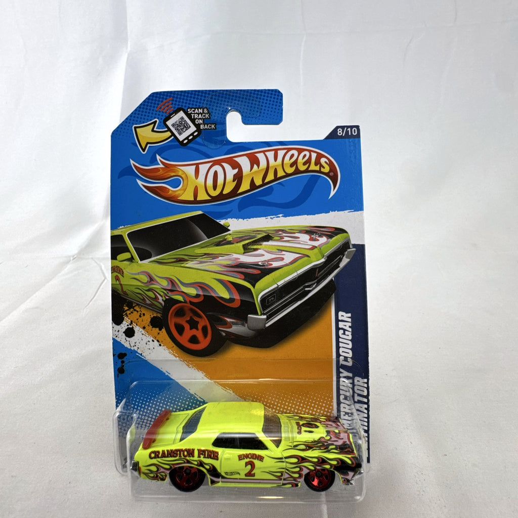 Hot Wheels 1969 Mercury Cougar Eliminator Cranston Fire diecast car in yellow blister packaging