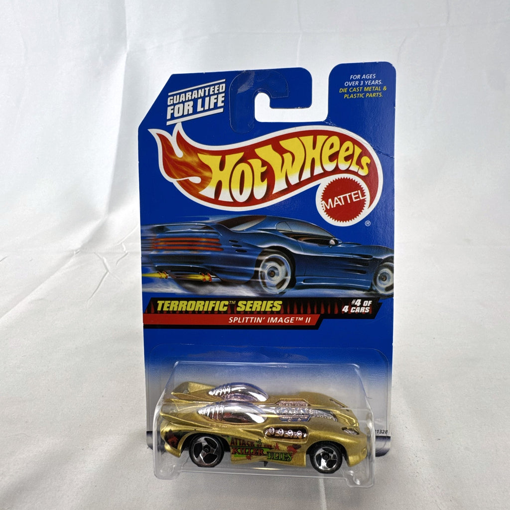 Hot Wheels 1:64 scale Splittin' Image II diecast car in metallic gold sealed on original Terrorific Series blister card