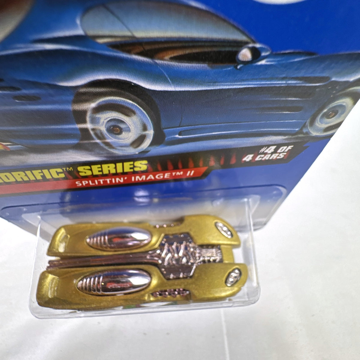Hot Wheels 1:64 scale Splittin' Image II diecast car in metallic gold sealed on original Terrorific Series blister card