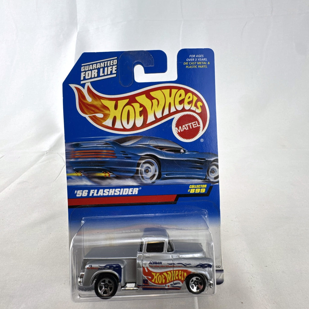 Vintage 1998 Hot Wheels 1956 Chevy Flashsider pickup truck diecast in silver sealed on original blue card packaging
