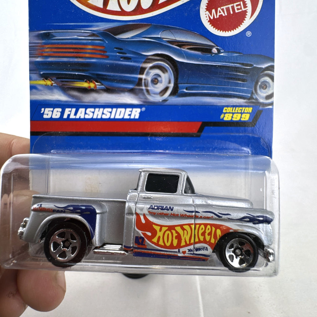 Vintage 1998 Hot Wheels 1956 Chevy Flashsider pickup truck diecast in silver sealed on original blue card packaging